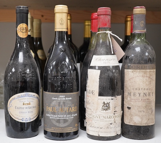 Eighteen various bottles of French wine to include Chateau Meyney Saint Estephe 1979, Paul Autard Chateauneuf-du-pape 2003 etc. Condition - externally poor to good, storage unknown